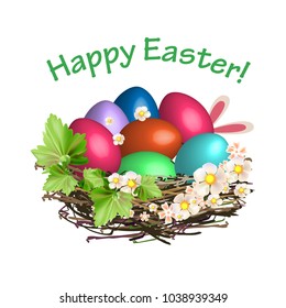 Happy Easter! Nest with flowers and leaves and with Easter eggs.
