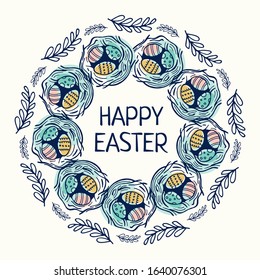 Happy Easter nest wreath doodle. Vector drawings set isolated on white background. Template with hand drawn element. Social media post.
