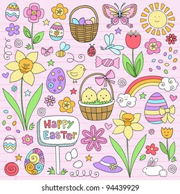 Happy Easter Notebook Doodles Vector Design Elements Set with Daffodils, Bunny, Eater Eggs, and Chicks on Lined Sketchbook Paper Background