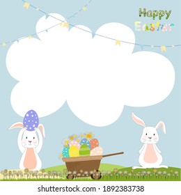 Happy easter notepad with bunny hunting easter eggs with copy space for text, Kawaii cartoon of rabbit standing on spring fields puting egg on his head.Cute nature landscape background design for kids