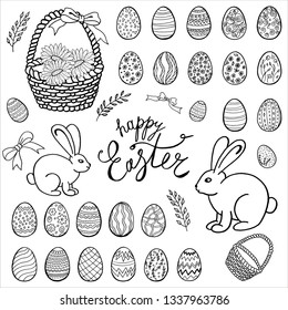 Happy Easter objects collection, hand drawn set, vector. Easter Basket, eggs, flowers, bunny, lettering. Cartoon style illustration Isolated on white background. Easter label designs
