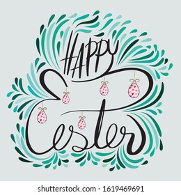 Happy easter on background with branches, cute, elegant design for card design, flyer, poster, banner, voucher, web element.hand drawn lettering about easter.