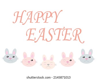Happy Easter on a white background, illustration of a rabbit, chick, cat, greeting frame. Clip art for poster, invitation, postcard, background