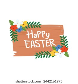 happy easter on wooden sign with decoration 