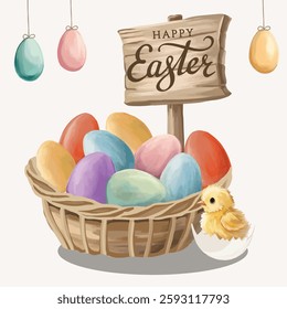 Happy Easter on a wooden sign with colored eggs in a twig basket and a cute Easter chick hatching from an egg, festive holiday illustration