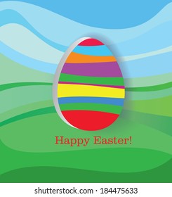 Happy Easter. One Colorful Stylized Egg on the landscape background. Stylized sky, grass, egg