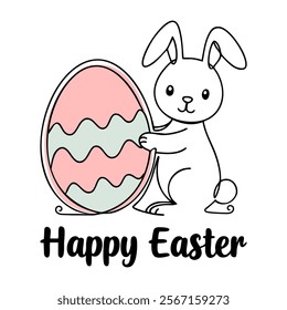 Happy Easter One Continuous Line Drawing isolated on transparent background. Easter Rabbit, Egg is silhouette in simple linear style. One Line stroke Bunny. Vector, t shirt, greeting cards, overlays