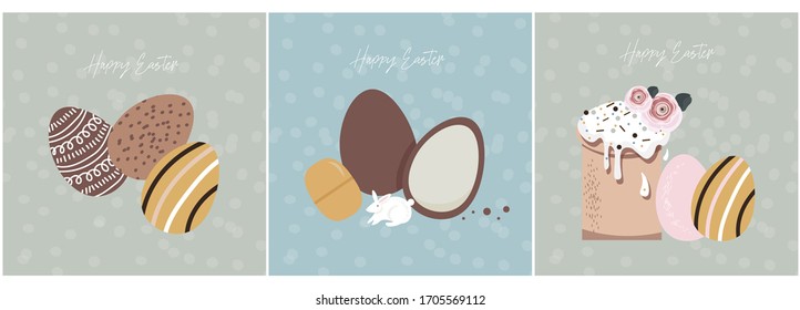 Happy easter. Online celebration cards. Easter eggs. Set of nice vector flat easter cards. Gentle minimalistic vector set with easter cake and eggs