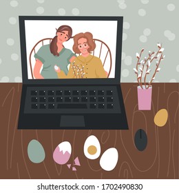 Happy easter. Online celebration. Easter eggs. Easter in the period of self-isolation. Nice vector flat easter card.