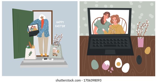 Happy easter. Online celebration. Easter eggs. Easter in the period of self-isolation.Set of nice vector flat easter cards. Help for the elderly. Self isolation. Holiday food delivery.