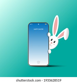 Happy Easter online concept background. White Rabbit hiding behind mobile phone.