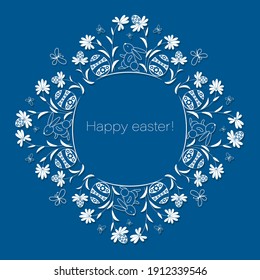 Happy easter. Openwork flower frame with rabbits and decorated eggs in flowers on blue background. Cute bunny on easter lawn. Postcard, poster. Vector outline illustration in cartoon style.