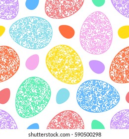 Happy Easter openwork seamless pattern. Colorful Eggs of Stencil design. Laser decoration template for greeting cards, invitations. Color Vector illustration.