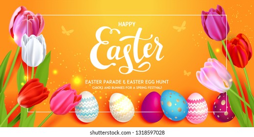 Happy Easter orange holiday banner. Beautiful background with realistic colored Easter eggs and tulips. Festive vector illustration.