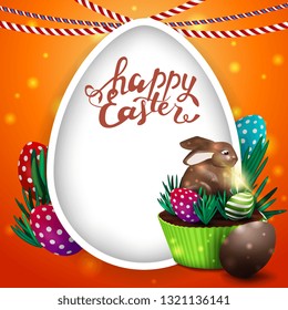 Happy Easter, orange postcard with big egg and Easter cake