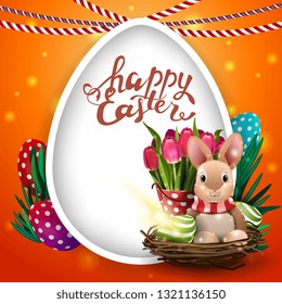 Happy Easter, orange postcard with big egg and Easter Bunny and tulips
