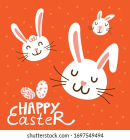 Happy Easter orange vector bunny illustration in cartoon style. Funny, cute bunny, rabbit. Spring religious holiday. Bright and colorful illustration