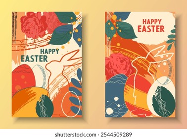 Feliz Pascua original dibujo patrón cartel de saludo, volante, tarjeta, diseño, presentación, folleto, Anuncio, Plantillas conjunto. Huevos de Pascua pintados, conejo conejo planta ornamento de flores 