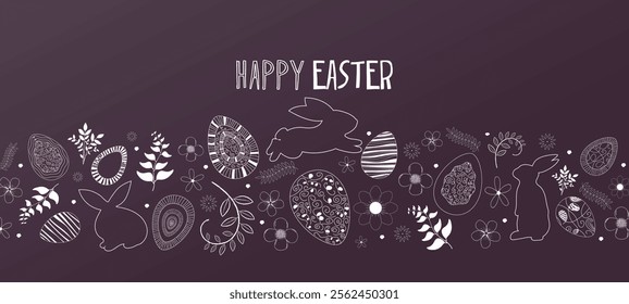 Happy Easter original  pattern greeting banner, background, poster, flyer, card, layout , presentation, brochure, templates illustration. White linear ornament easter eggs, bunny rabbit plant flower