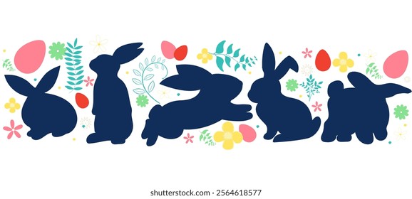 Happy Easter original pattern greeting banner, background, poster, flyer, card, layout , presentation, brochure, templates illustration.  Bunny rabbit ornament easter eggs,  plant flower