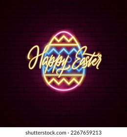 Happy Easter Ornamental Egg Neon Label. Vector Illustration of Spring Christianity Religion Holiday Glowing Led Electric Light.