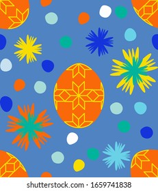 Happy Easter ornaments and decorative elements. Vector seamless pattern with easter colorful eggs and flowers. Endless texture for spring design, decoration, greeting cards, posters, advertisement.