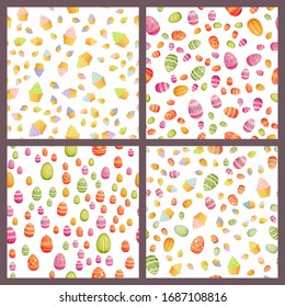 Happy Easter ornaments and decorative elements. Set of vector seamless pattern with easter eggs and cupcakes. Perfect for decorating Easter and spring greeting cards.