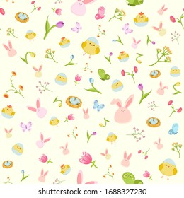 Happy Easter ornaments and decorative elements. Vector seamless pattern. Eggs, chickens, butterfly, rabbit, tulips, flowers, nest, basket. Perfect for decorating Easter and spring greeting cards.