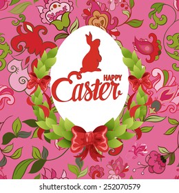 Happy Easter ornate lettering greeting card with floral background