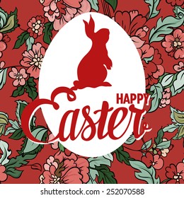 Happy Easter ornate lettering greeting card with floral background. Vintage boho style.