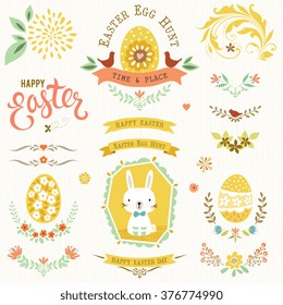 Happy Easter ornate set with bunny,  butterfly, flowers, eggs, banners, frames, wreathes, dividers, ornate motifs and scrolls.