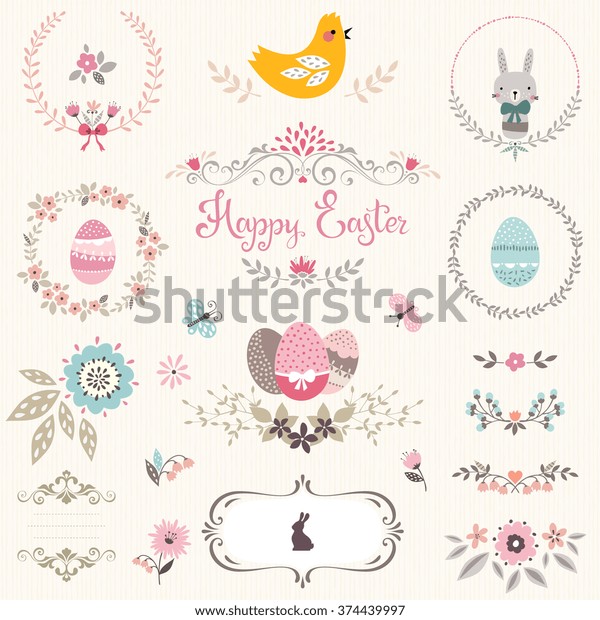 Happy Easter ornate set with bunny, chick,\
butterfly, flowers, eggs, banners, frames, wreathes, dividers,\
ornate motifs and\
scrolls.