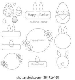 Happy easter outline icons set with text. Collection of easter vector linear icons, design elements. Eggs, bunny ears 