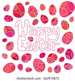 Happy Easter outline lettering. Vector eggs in red color