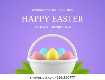 Happy Easter painted chicken eggs basket spring green leaves foliage 3d greeting card design template realistic vector illustration. Traditional religious Christianity holiday eggshell present