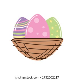 happy easter painted eggs in basket vector illustration cartoon isolated style