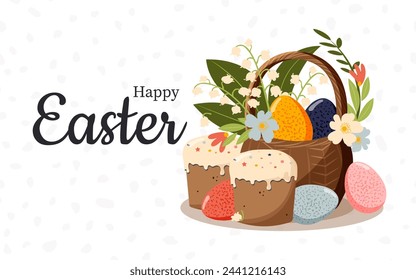 Happy Easter. Painted eggs in a basket and Easter cakes for the spring holiday. Vector.