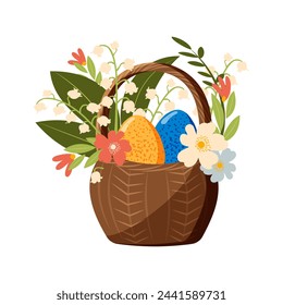 Happy Easter. Painted eggs in a basket with a bouquet of spring flowers on a white background. Vector.