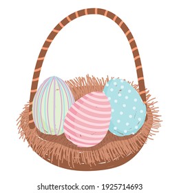 happy easter, painted eggs decoration in basket vector illustration isolated white background