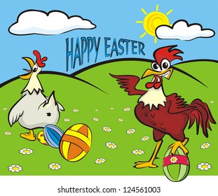 happy easter - painted eggs, hen and rooster