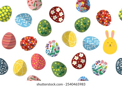 Happy Easter. Painted flower eggs with bunny. Seamless pattern. vector illustration