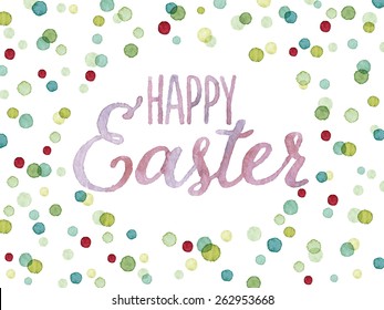 Happy Easter Painted With Pink Watercolor In Green And Red Dots Oval Frame. Greeting Card Or Invitation Template. Vectorized Watercolor Painting.