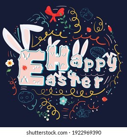 Happy Easter painted poster with beautiful lettering, and rabbit ears, This illustration can be used for holiday design or print, flat vector