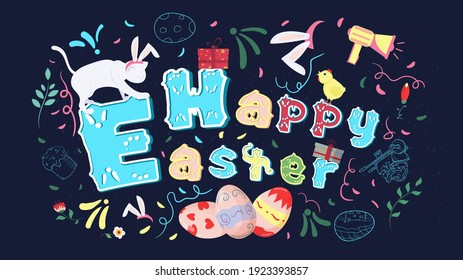 Happy Easter painted poster with beautiful inscription, Cat with rabbit ears, This illustration can be used for holiday design or printed, flat vector