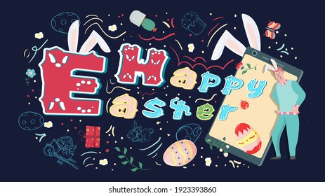 Happy Easter painted poster with a beautiful inscription, A man standing next to the phone, This illustration can be used for holiday design or printed, flat vector