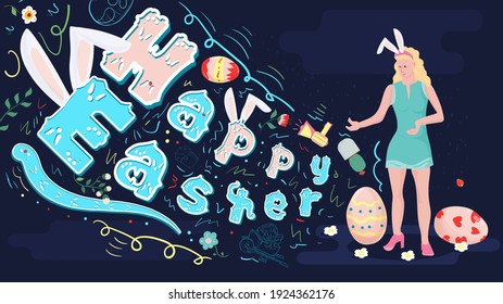 Happy Easter painted poster with beautiful wavy lettering, Girl standing next to painted eggs, illustration for holiday design or printing, flat vector