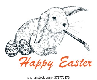 Happy Easter with painting Easter Bunny, Easter eggs, brush and paints, hearts, flowers, decorative ornament. Hand drawn Vector illustration.