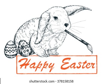 Happy Easter with painting Easter Bunny, Easter eggs, brush and paints, hearts, flowers, decorative ornament. Hand drawn Vector illustration.