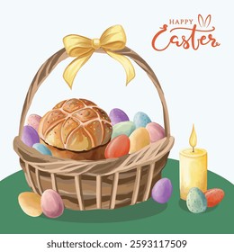 Happy Easter painting with colored eggs and bread in a twig basket, decorated with a yellow bow and candle, festive holiday illustration