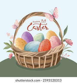 Happy Easter painting with colored eggs in a twigs basket, spring flowers, and a butterfly, festive holiday design celebrating spring and seasonal beauty